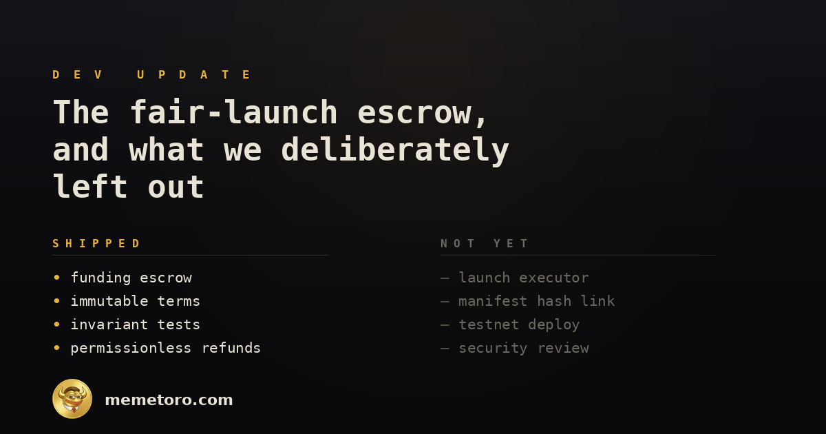 Dev Update: The Fair-Launch Escrow, and What We Deliberately Left Out